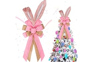 AORSOR Easter Bunny Ears Tree Topper Decorations Easter Wreath Bow Tree Ornaments for Spring Outdoor Home Indoor Decoration (Pink)