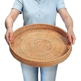 Rattan Large Serving Tray, Wicker Round Fruit/Bread Serving Basket, Extra Large Decorative Ottoman Tray for Living Room, Coffee Table, Breakfast, 16.9 inch