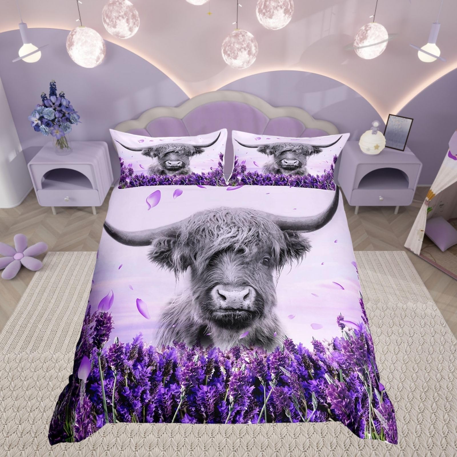 Homewish Purple Highland Cow King Size Duvet Cover Set - Cottagecore Floral Lavender Bedding for Girls Women - Scottish Hairy Coo Farmhouse Style Quilt Cover Romantic Garden Flower Bed Sets — image 1