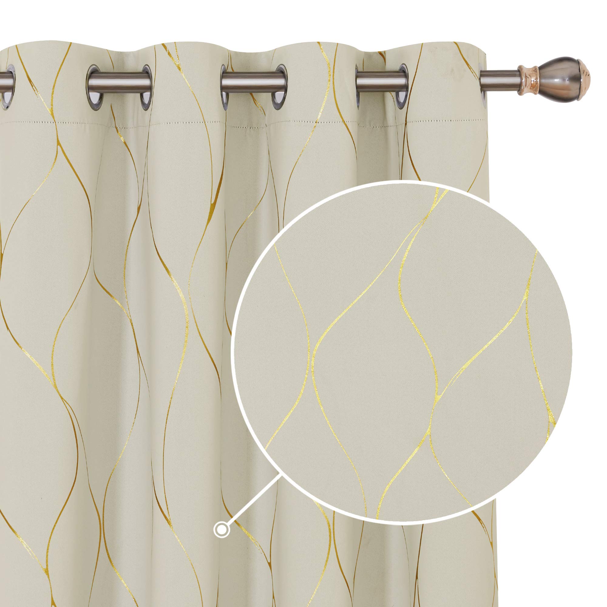 Deconovo Home Decoration Eyelet Room Darkening Curtains, Gold Wave Foil Printed Energy Saving Curtains for Living Room, 52 x 72 Inch (Width x Length), Beige, One Pair