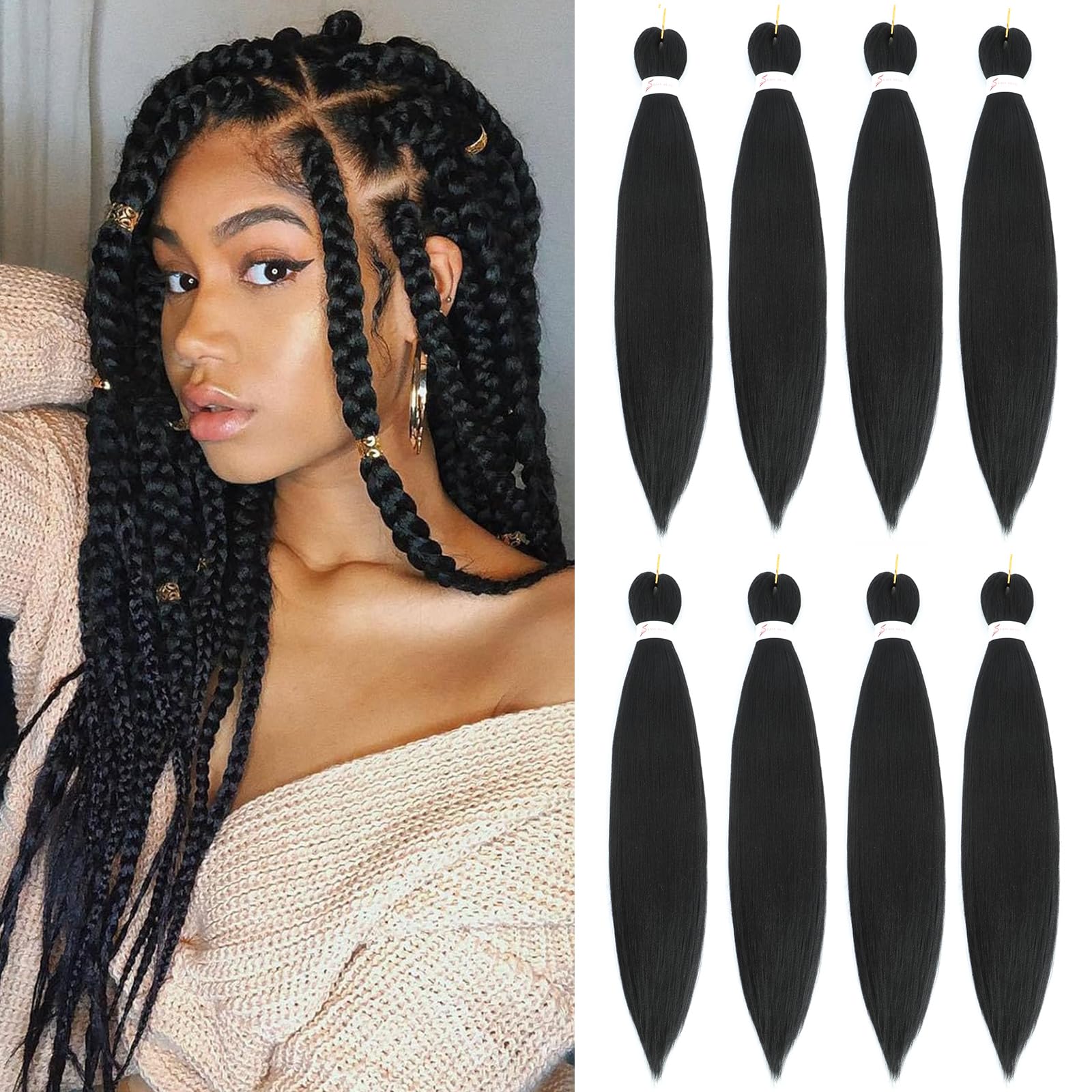 Braiding Hair Pre Stretched 16 Inch 8 Packs Long Braiding Hair Extension Pre Stretched Braiding Hair Professional Synthetic Hair For Braiding Hot Water Setting Soft Yaki Texture(16", 1B-8P) — image 1