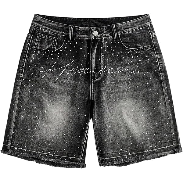 Verdusa Men's Rhinestone Jean Shorts Straight Leg Jorts