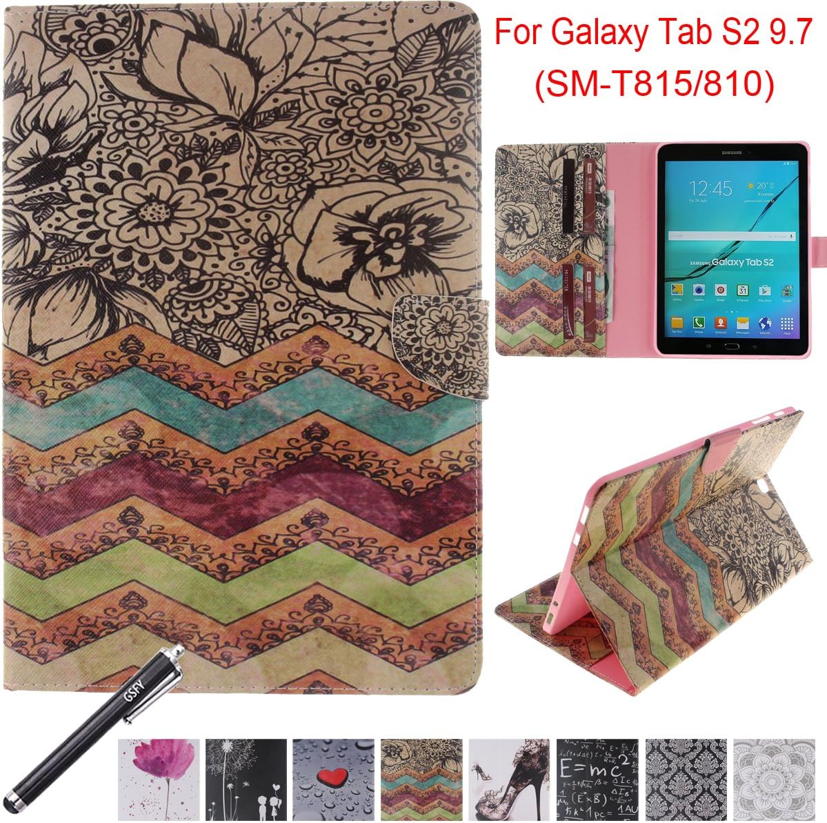 Galaxy Tab S2 9.7 Case, Newshine Synthetic Leather Stand Folio Smart Case with Card Slot Holder&Money Pocket for Samsung Galaxy Tab S2 9.7 inch (SM-T815/T810) - The Waves&Flower