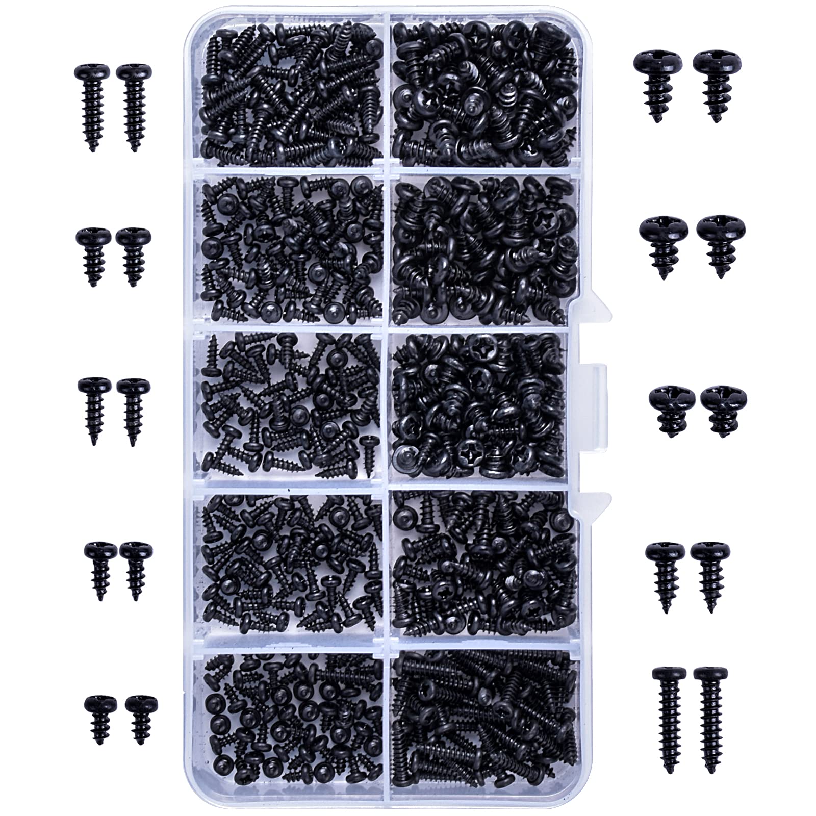 500Pcs Black Self-Tapping Screws Cross Head Self Tapping Screws Phillips Head Micro Screws Pan Head Self Drilling Screws Carbon Steel Screws with Clear Box for Plastic Wood Soft Metal M2 M2.3 M2.6 M3