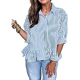BKBEY Womens Peplum Top Striped Ruffle Shirts 3/4 Sleeve Button Down Cute Cropped Blouse