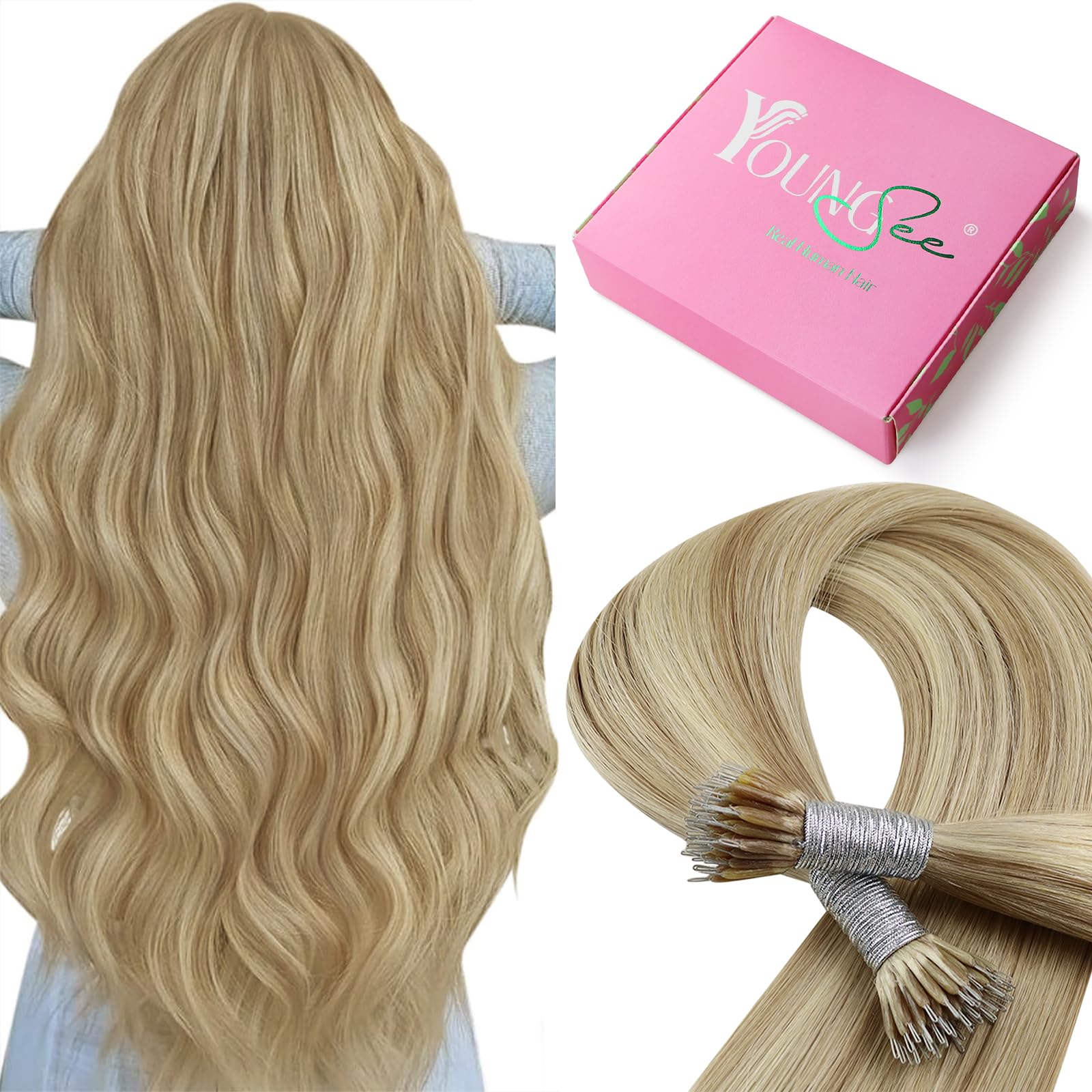 YoungSee Nano Hair Extensions Real Human Hair Blonde 18inch Nano Tips Extensions Warm Ash Blonde Highlights Bleach Blonde Nano Ring Human Hair Extensions for School Cold Fusion 50s 50g