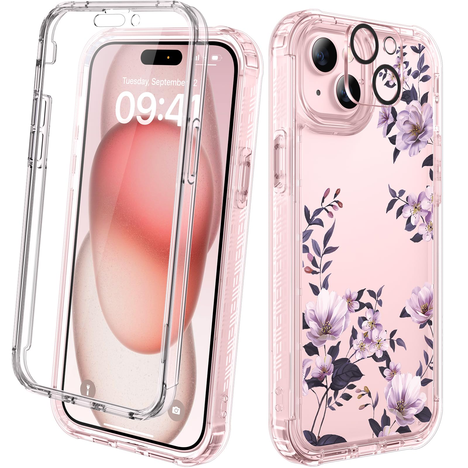 Photo 1 of Diaclara Designed for iPhone 15 Case, Full Body Rugged Case with Built-in Touch Sensitive Anti-Scratch Screen Protector, with Camera Lens Protector for iPhone 15 6.1" (Camellia)