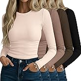 Neer 4 Pack Women's Ribbed Long Sleeve Shirts, Cotton Crew Neck Slim Fit Tops Stretch Knit Casual Base Layer Basic Tee Shirts