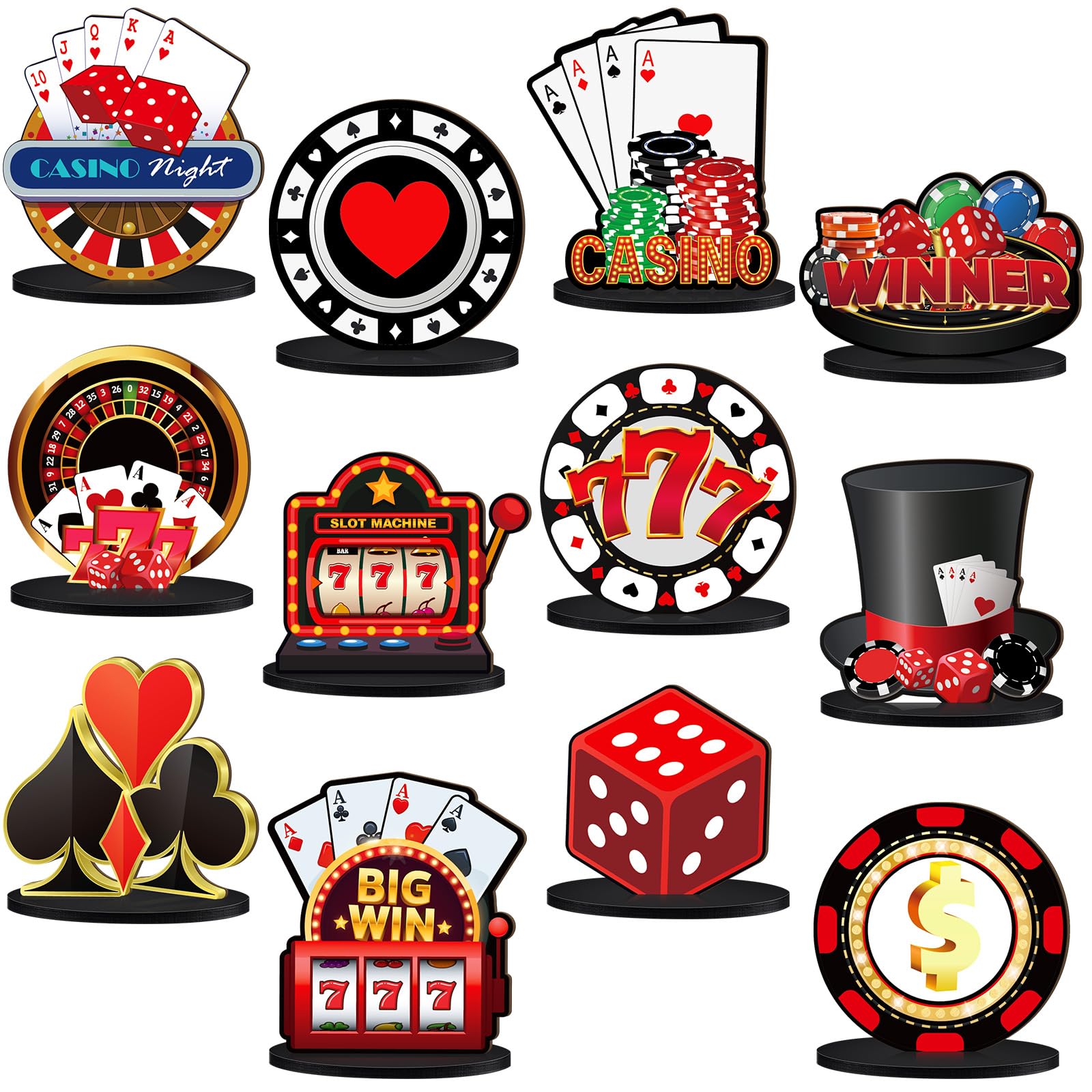 Photo 1 of Weysat 12 Pcs Casino Theme Party Decorations Casino Night Table Decorations Poker Dice Wooden Centerpieces Las Vegas Party Signs for Game Night Las Vegas Party Favors