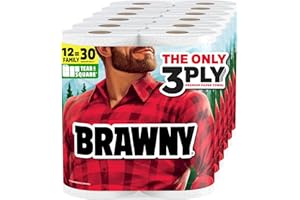 Brawny Tear-A-Square 3-Ply Paper Towels, 12 XL Family Rolls = 30 Regular Rolls, Strong, Absorbent, and Durable with 3 Sheet Sizes (Quarter, Half, Full)