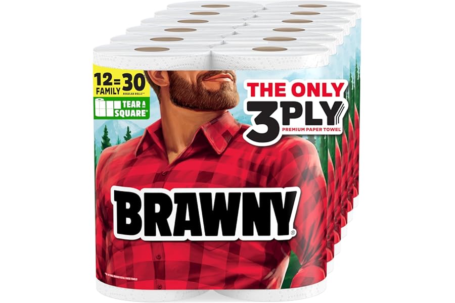 Brawny Tear-A-Square 3-Ply Paper Towels, 12 XL Family Rolls = 30 Regular Rolls, Strong, Absorbent, and Durable with 3 Sheet Sizes (Quarter, Half, Full)