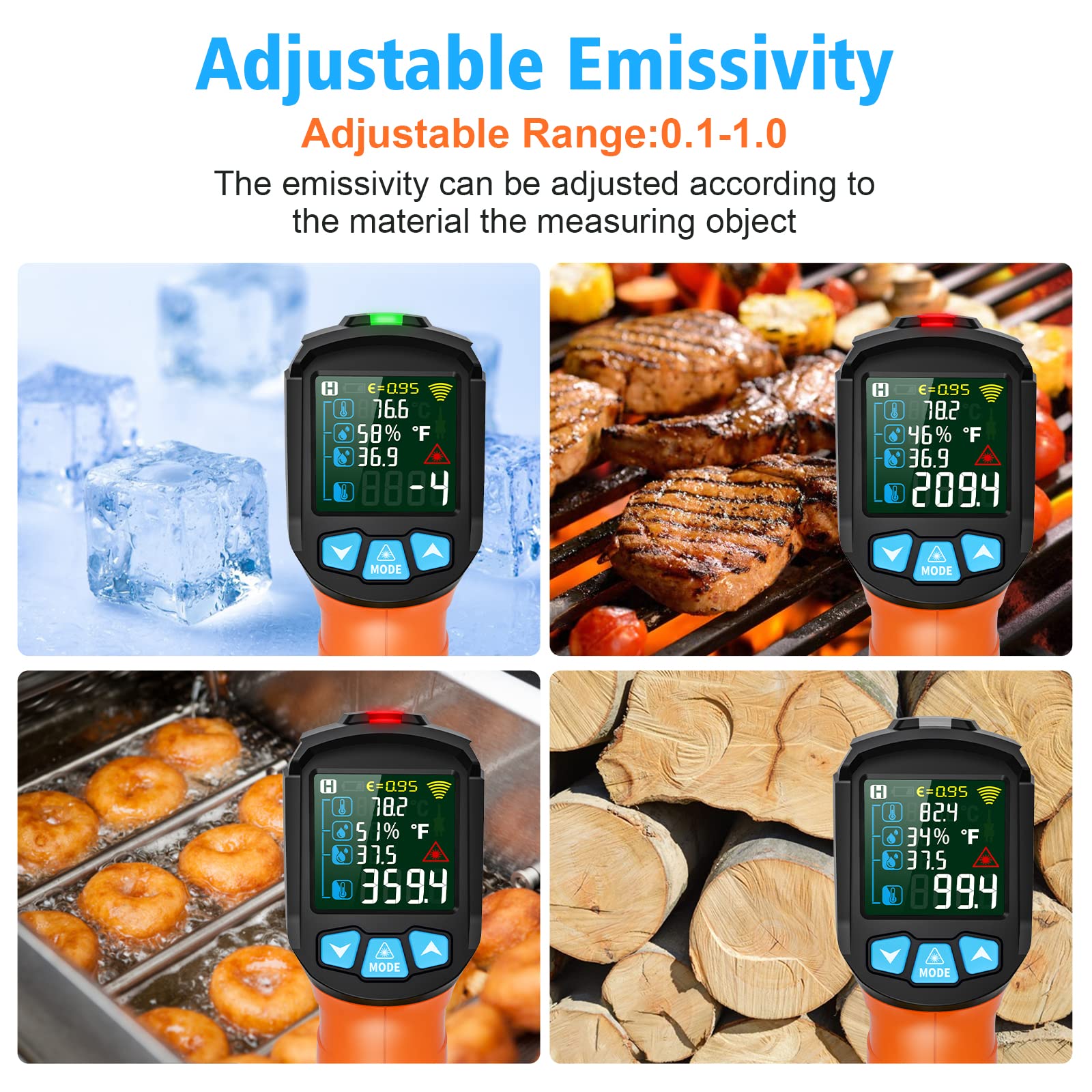 Infrarot Thermometer MESTEK Digital Laser Temperaturmessgerät mit K-Sonde IR Pyrometer -50°C bis 800°C Berührungslos Farbe LCD Alarm Einstellbarer Emissionsgrad für Küche Backen Industrie 7