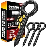 PAMAZY 6 Inch Heavy Duty Black Screw Eyes Hooks, 700LBS Breaking Strength, 4PCS Self Tapping Eyelet Screw Eye Bolts, Screw in Eye Hooks for Wood Securing Cables Wire, Heavy Indoor & Outdoor Uses