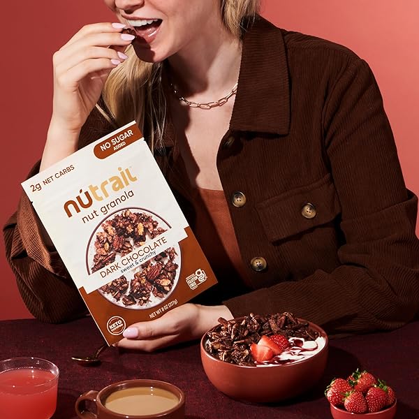 NUTRAIL NUT GRANOLA CEREAL, DARK CHOCOLATE, NO SUGAR ADDED, KETO, LOW CARB, GLUTEN FREE, GRAIN FREE, HEALTHY BREAKFAST 8 OZ. 1 COUNT