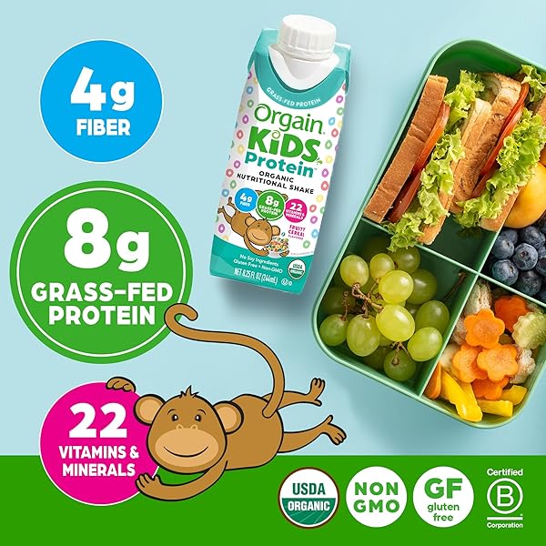 ORGAIN ORGANIC KIDS NUTRITIONAL PROTEIN SHAKE, FRUITY CEREAL – KIDS SNACKS WITH 8G DAIRY PROTEIN, 22 VITAMINS & MINERALS, FRUITS & VEGETABLES, GLUTEN FREE, SOY FREE, NON-GMO, 8.25 FL OZ (PACK OF 12)