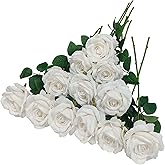 ATFL Withe Roses,12 Pcs White Flowers Real Look,Flower Diameter 4'',Artificial Fake Silk Plastic Roses with Stems for Wedding Arrangement Centerpieces Party Home Table Decorations(White)