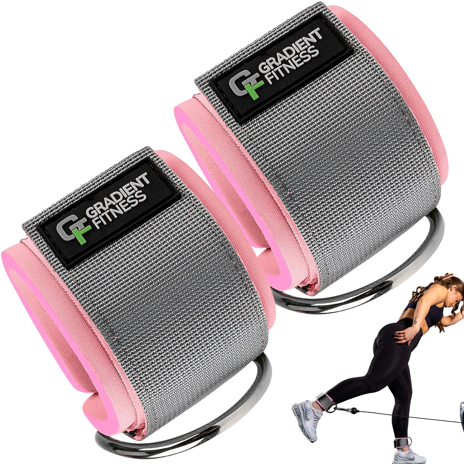 Gradient Fitness Ankle Straps (2 Pack) | Ankle Strap for Cable Machine, Ankle Bands for Working Out, Cable Ankle Strap, Cable Machine Attachment, Ankle Cable Attachments for Gym (Grey & Pink)