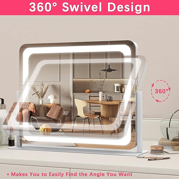 ROLOVE 22X17 INCH LIGHTED VANITY MIRROR WITH DIMMABLE LED LIGHTS – 3 COLOR MODES, SMART TOUCH CONTROL & 360° ROTATING BASE – DESK MAKEUP MIRROR (WHITE)