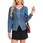 Women's Collarless Denim Jacket Long Sleeve Button Down V-Neck Slim Fit Jean Jacket Denim Top