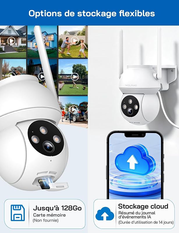 Caméra de sécurité extérieure 2K 3MP, caméra WiFi PTZ 360°, Vision Nocturne Couleur, détection AI, Alarme sonore et Lumineuse, IP65 résistant aux intempéries, Fonctionne avec Alexa et Google