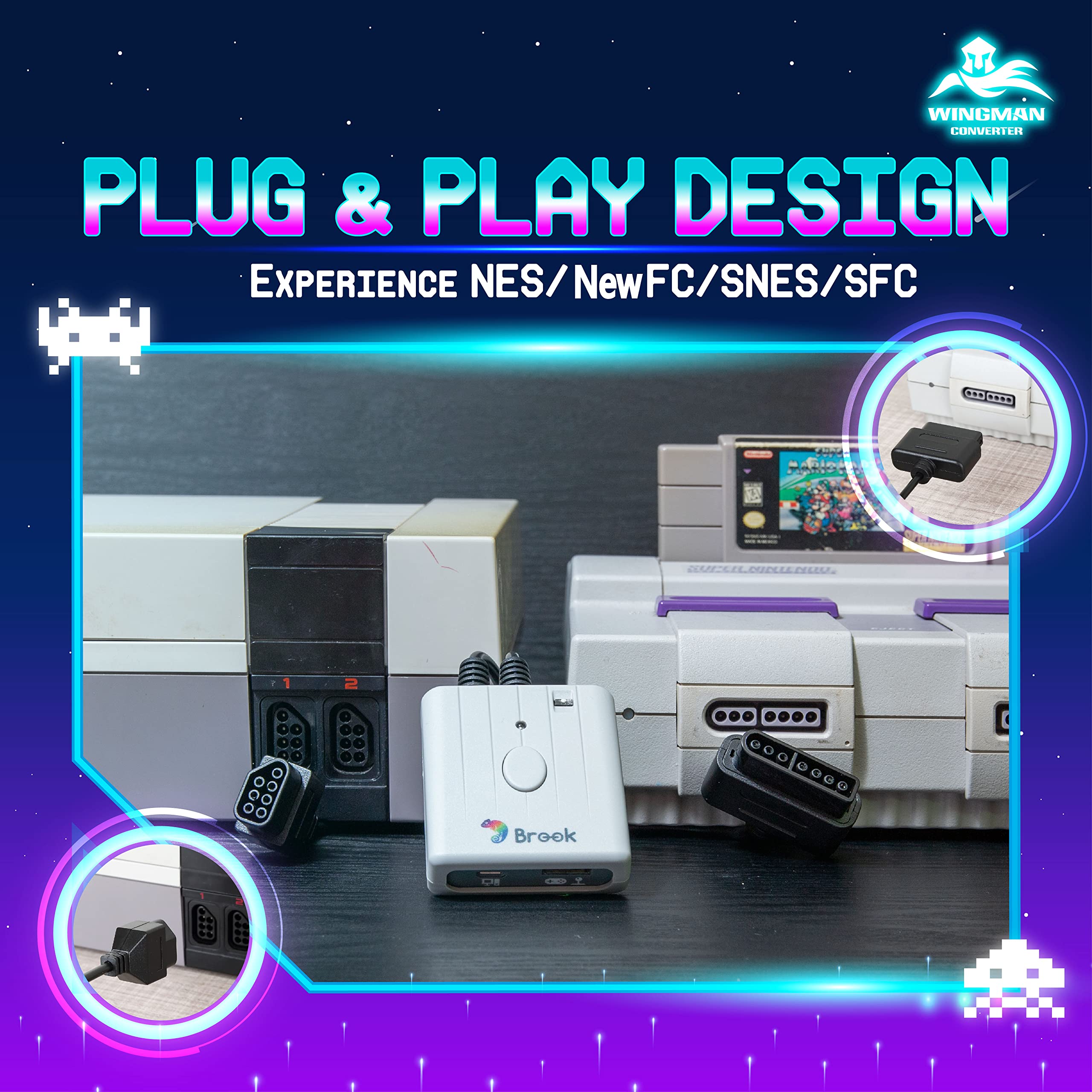 Brook Wingman SNES Converter - Retro Gaming Controllers Converter For XB Series X/S, One, 360/PS5/PS3/PS4 and NS Pro controllers on NES, SNES, New FC, and SFC retro gaming consoles