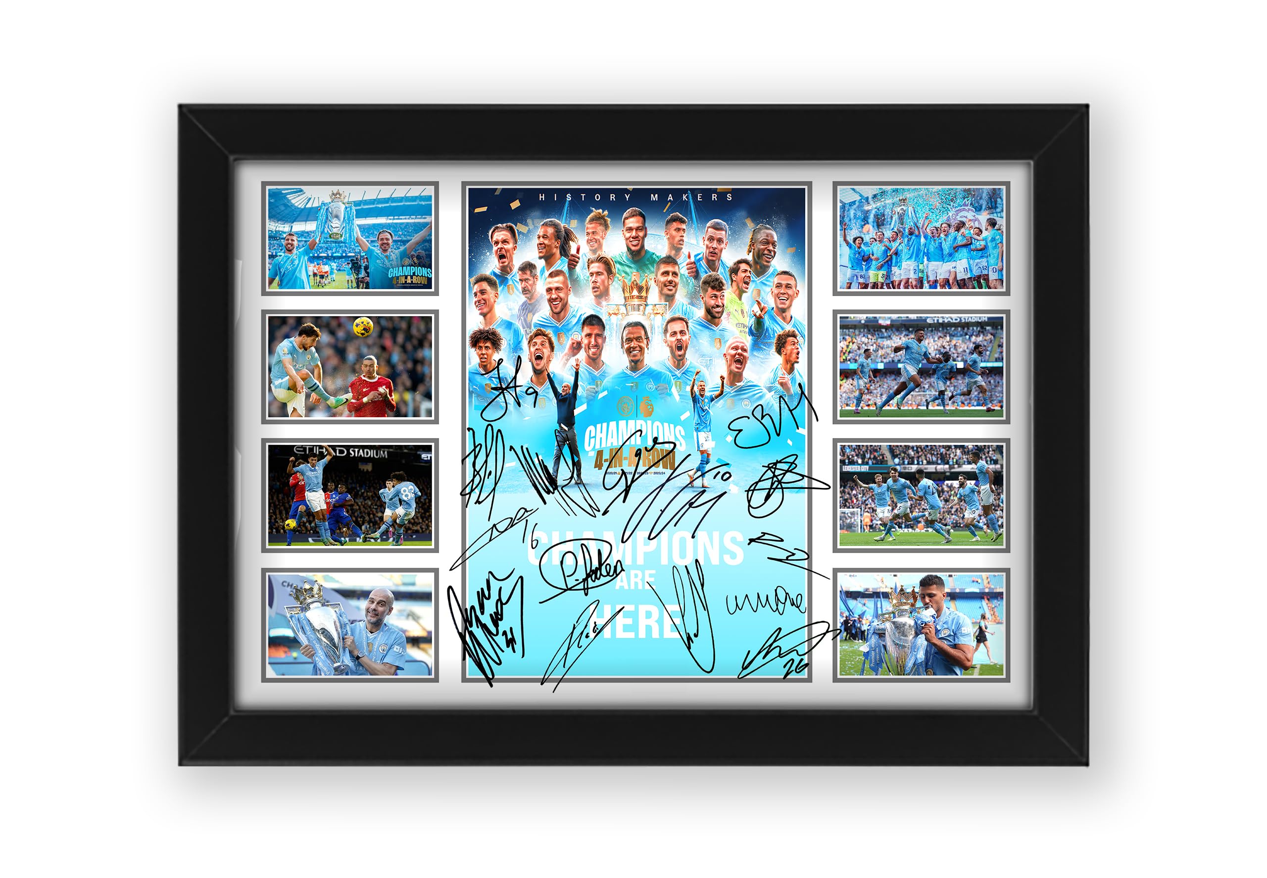Manchester City 2024 Premier League Champions Poster Print - Limited Edition Autograph Fan Gift – Collectible Memorabilia Merchandise (Framed A4 (30x21cm))