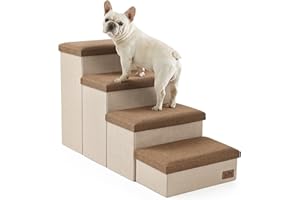 COZY KISS Dog Stairs with Storage, 4-Step Wider Sturdy Dog Steps for Small/Medium/Large Dogs and Older Cats, Folding Doggie Ramp for Bed/Couch/Car Hold Up to 180 lbs (22" H, Brown)
