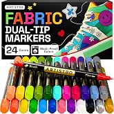 ARTISTRO 24 Multicolor Dual-Tip Fabric Markers Decorating Kit, for Clothes | Brush &amp; Fine Tip, Acrylic Paint Pens for Sneakers, Bags, Shoes, Textiles, Canvas, Sewing, Craft, &amp; DIY