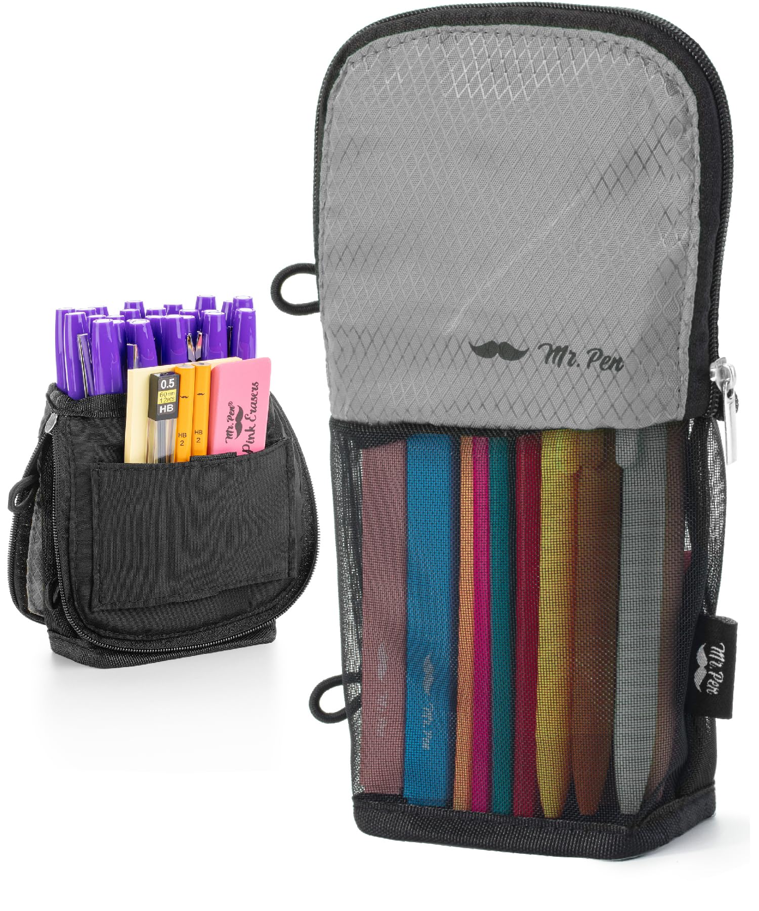 Photo 1 of Mr. Pen- Standing Pencil Case Pouch, Sit & Lay Mesh-View Design, Black & Gray, Interior Pocket & 2 Elastic Binder Loops, Cute Pencil Case for Girls and Boys