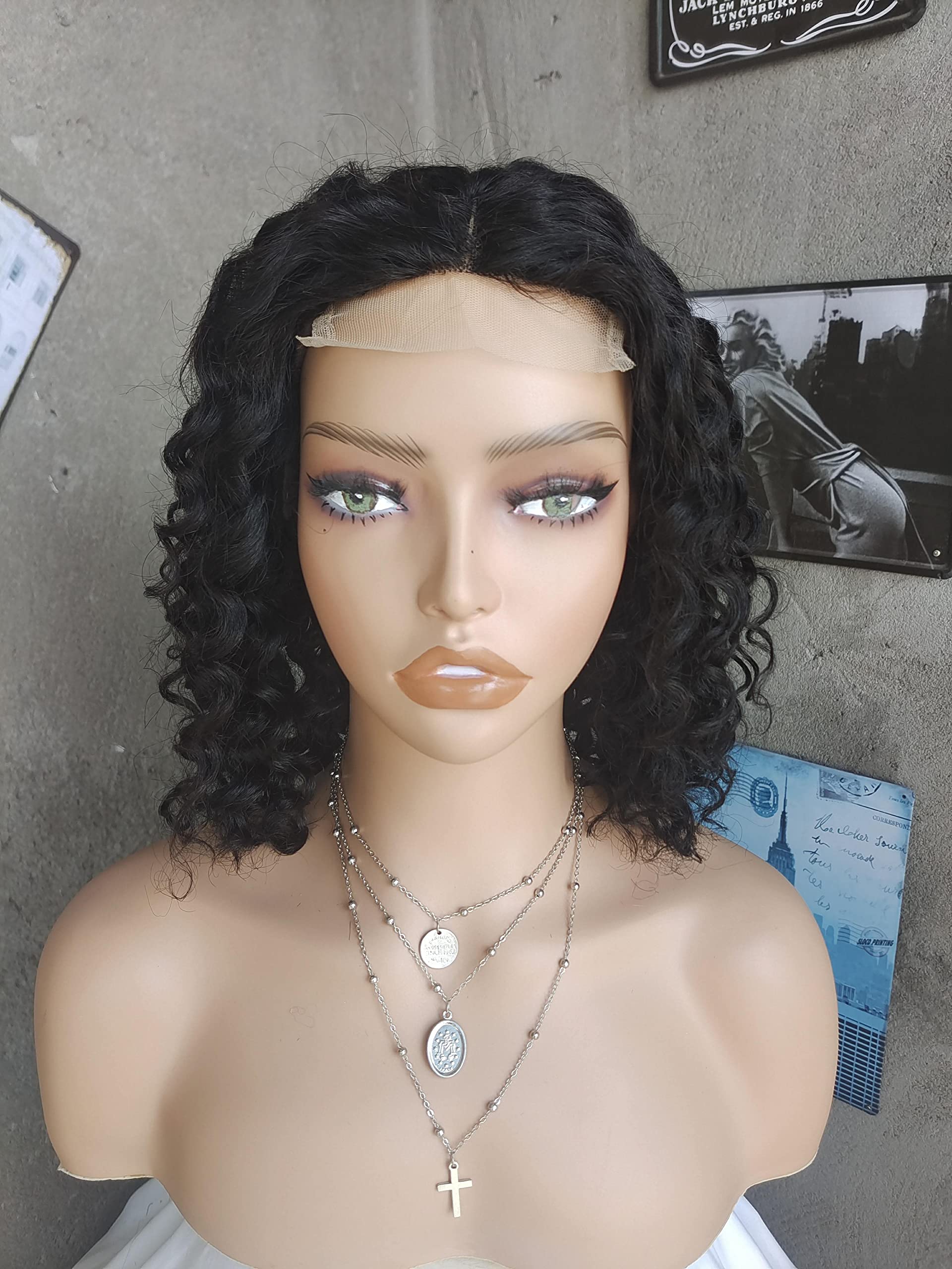 Luovce Lace Front Wig Human Hair Wigs for Women Deep Wave Wig Middle Part Peruvian Hair 4X4 Lace Wig 10 inches Natural Color