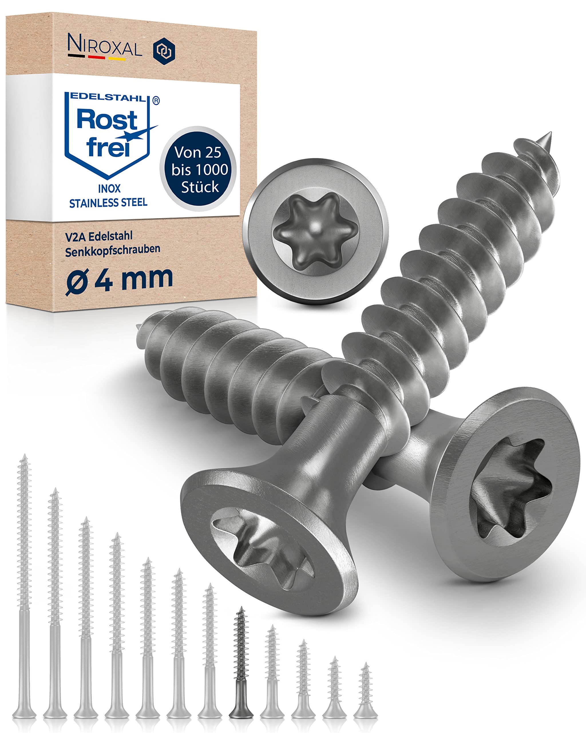 Stainless Steel TORX countersunk Head Screw Made of V2A 4-mm Thick 35-mm Screw Length 500 Pieces 24-mm Partial Thread Wood Screw 4x35