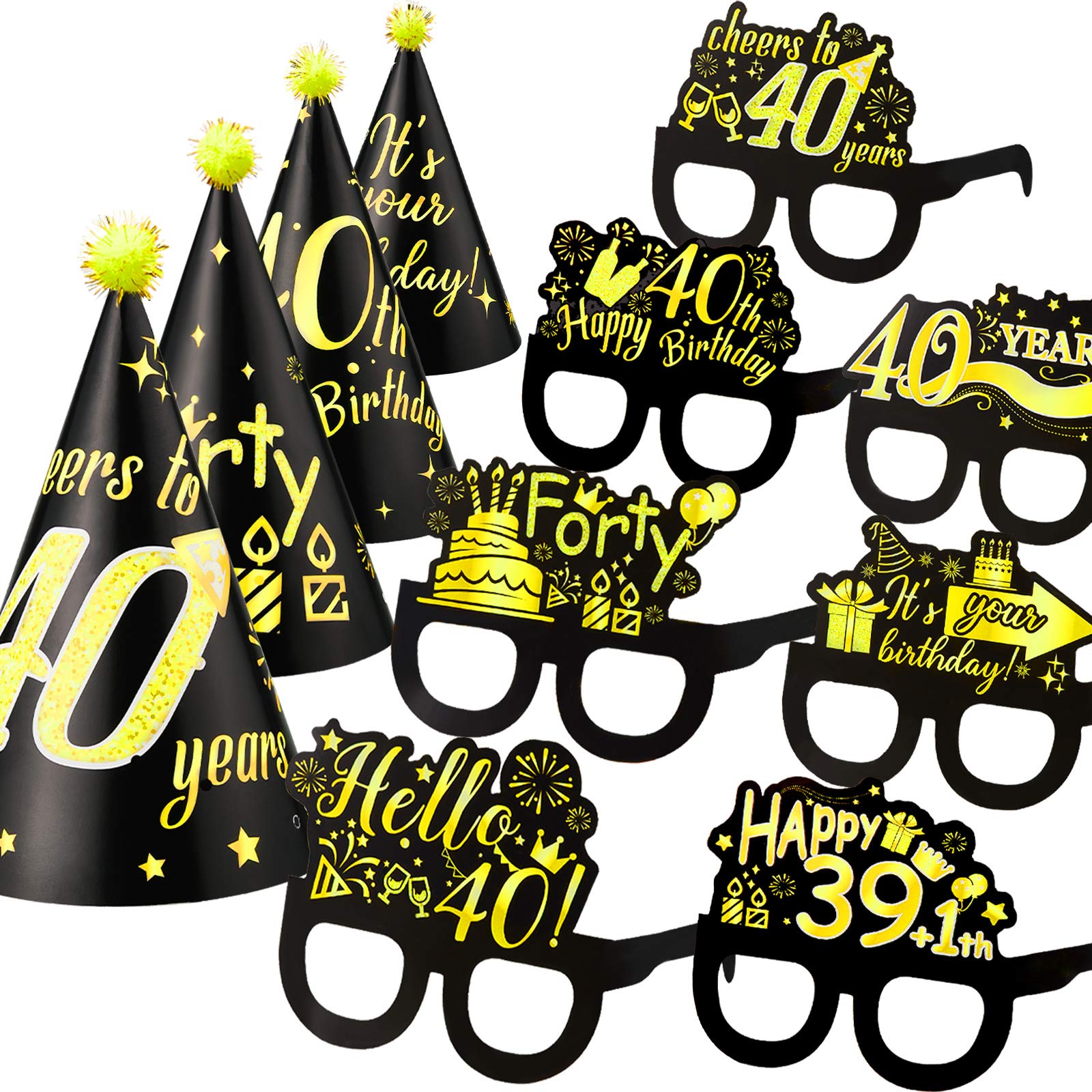 26 Pieces 40th Birthday Party Decoration Glasses and Hats Kits Black Gold Theme Paper Eyeglasses and Hats Funny Glasses and Hats Costume Accessories 40th Birthday Party Supplies for Men and Women