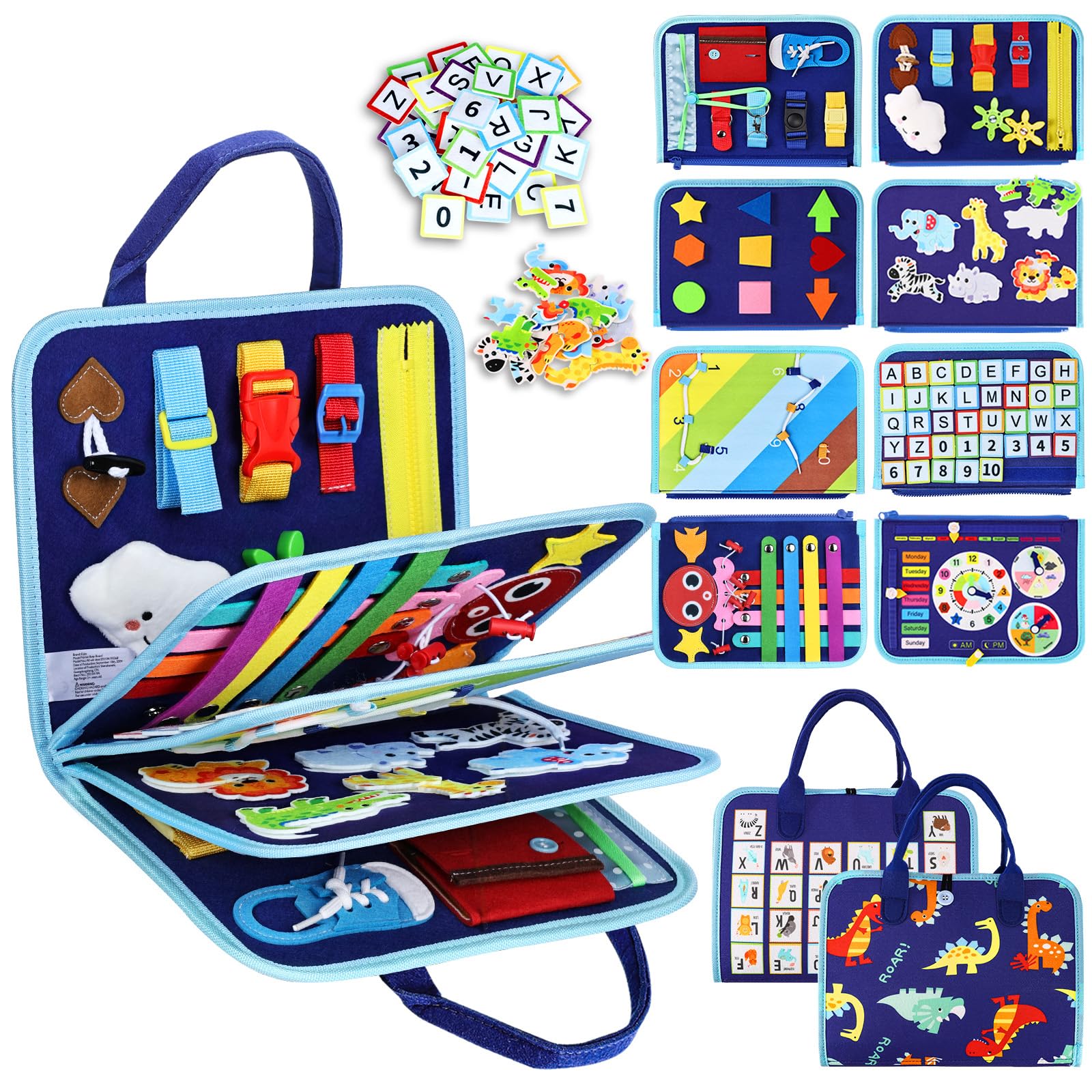 Esjay Busy Board, Sensory Board for Fine Motor Skill, Montessori Toys Educational Learning Activities for 3+ Year Old, Travel Car Airplane Toys Gifts for Boys Girls,Blue Alphabet