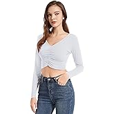 Women's Crop Top Long Sleeve V-Neck Ruched Front Slim Fit Ribbed T-Shirt