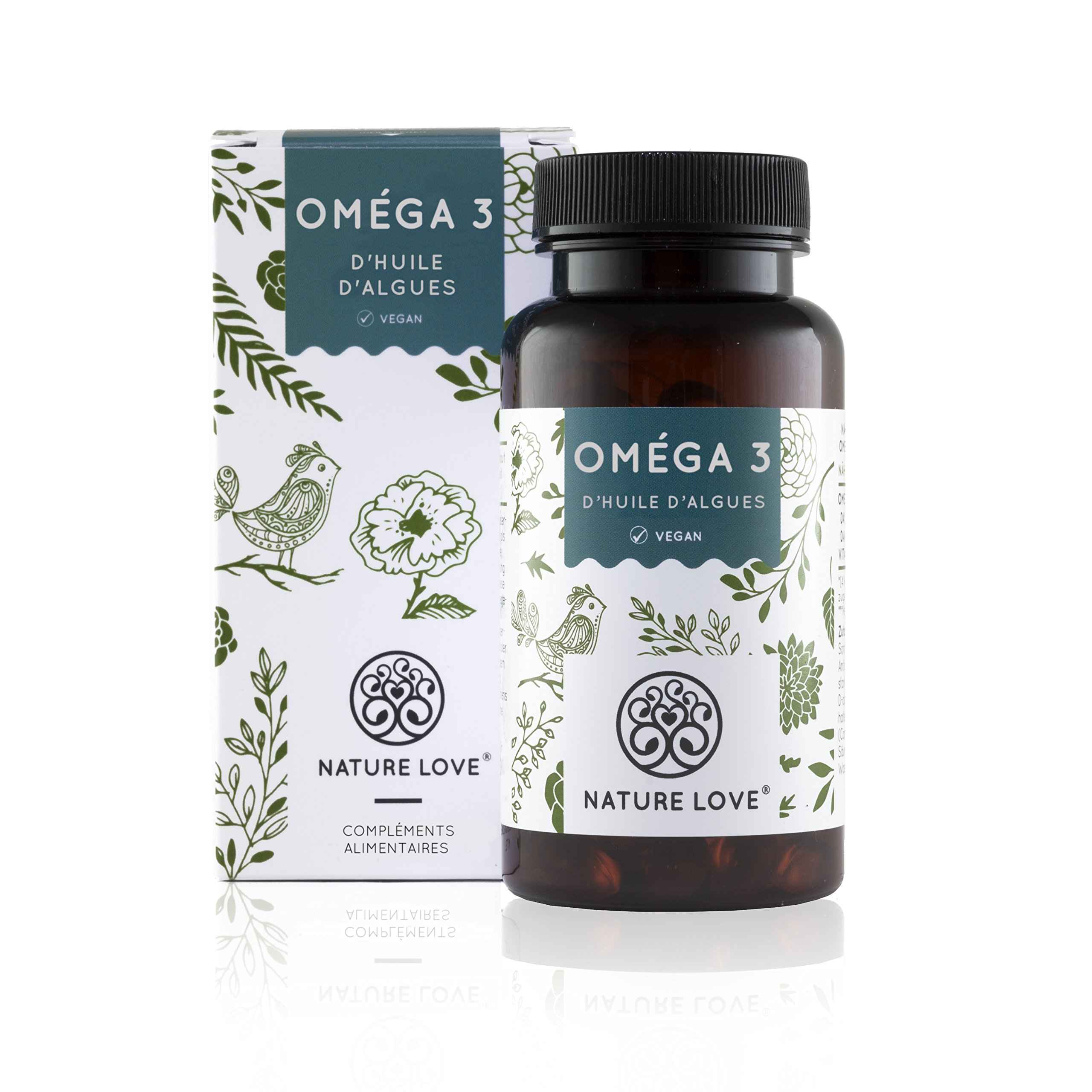 Capsules d\'huile d\'algues Omega 3 vegan - Qualité supérieure : végétales à base d\'huile d\'algues. 120 petites Oméga 3 gélules, faciles à avaler. Contient des acides gras EPA & DHA. Complément alimentaire de Nature Love