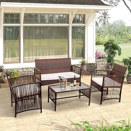 merax juego de muebles de patio de 4 piezas para exteriores jardin cesped piscina sofa de mimbre mesa de cafe con cojines resistentes a la