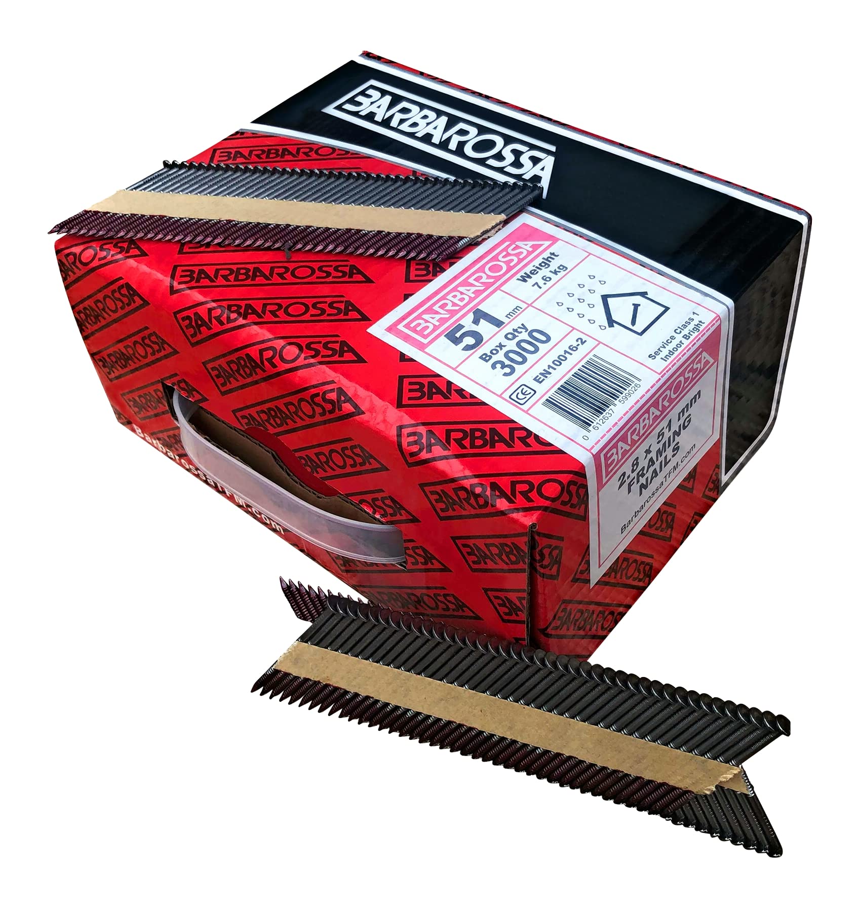 Barbarossa 1st Fix (51mm - 90mm) Bright collated framing Nails for Cordless nailers (51mm - 2” (3000) Ringshank)