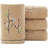 Pidada Hand Towels Set of 4 Embroidered Bird Tree Pattern 100% Cotton Absorbent Soft Decorative Towel for Bathroom (Brown)