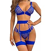 YCAngela Women's Lingerie Sets with Garter Belt Strappy 4 Piece Bra and Panty Sets with Thigh Cuffs Sexy Outfit for Women