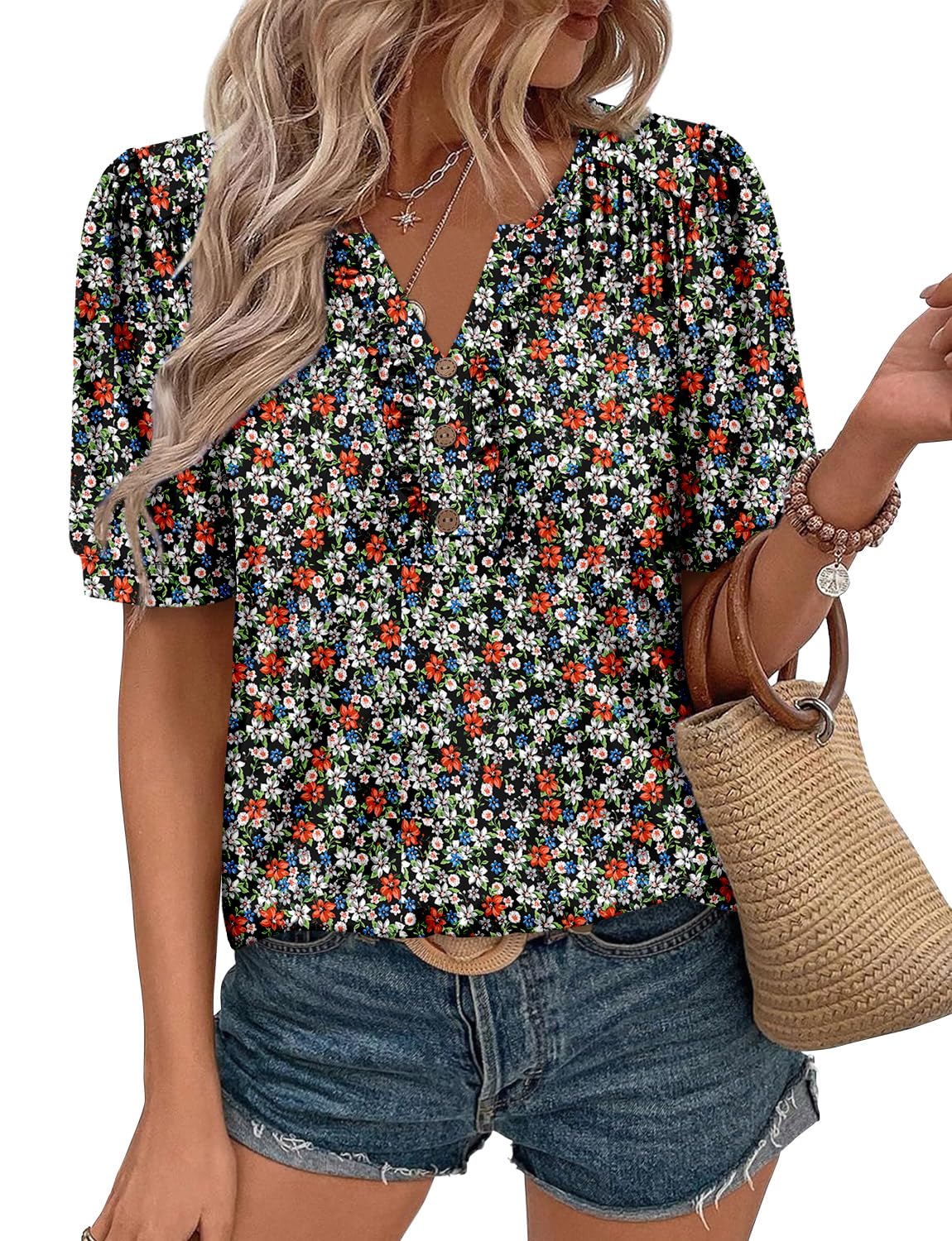 KISSMODA Women's Tunic Tops Casual V Neck Short