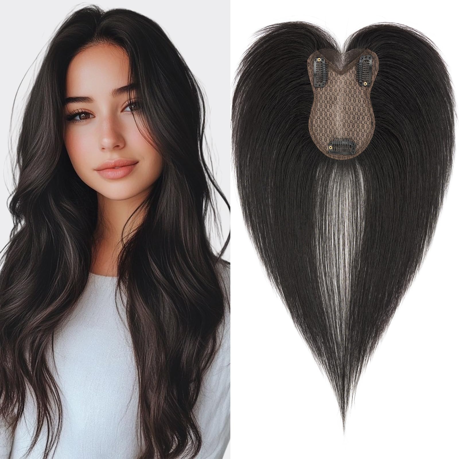 S-noilite Hair Toppers for Women Human Hair 8x11cm - Silk Base Human Hair Topper with side bangs for thinning hair 21g Natural Black #1B - 11"