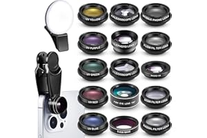 Copkim 16 Pcs Phone Camera Lens Kit 16 in 1 with Selfie Light Universal Clip on Cell Phone 198 Degree Fisheye Wide Angle Macro Kaleidoscope CPL Lens Attachments Compatible with Most Phones