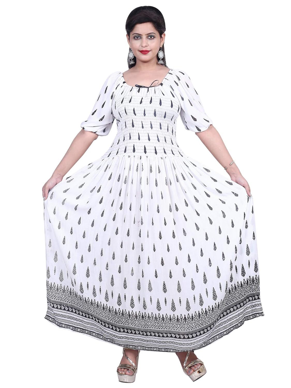 Buy Marwar Women S Flare Printed Princess Cut Maxi Long Bobbin Dress Black And White 2xl At Amazon In