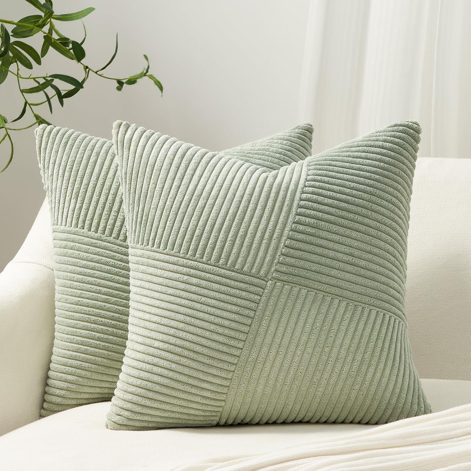 Topfinel Sage Green Cushion Covers 40x40 cm 16x16 Inch Set of 2 Corduroy Patchwork Pinwheel Throw Pillow Cases with Invisible Zipper Decorative Sofa Cushion Covers for Living Room Bedroom Sofa Bed — image 1