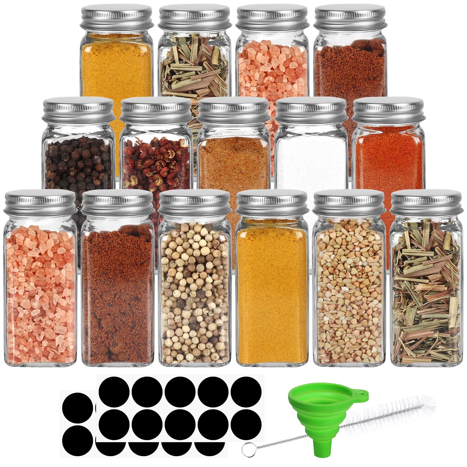 Yishik 4oz Glass Spice Jars 15 Pack, 120ml Square Seasoning Bottles with Silver Caps and Shaker Lids,20pcs Labels,1 Funnel and 1 Brush for Kitchen Storage