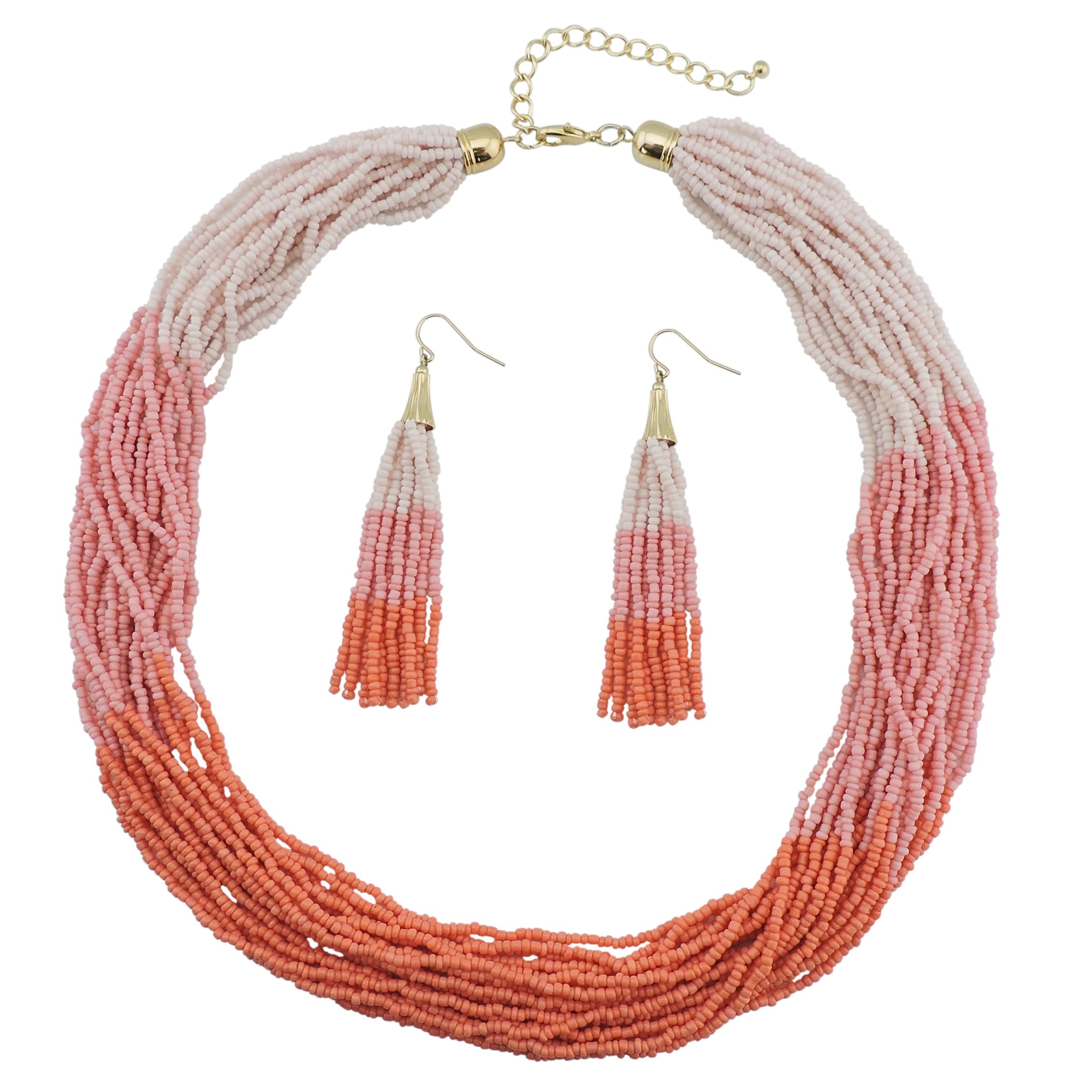 Bocar Multi Layer Beaded Statement Necklace Set Strand Necklace and earrings for Women Gift (NK-10459-Pink+Orange)