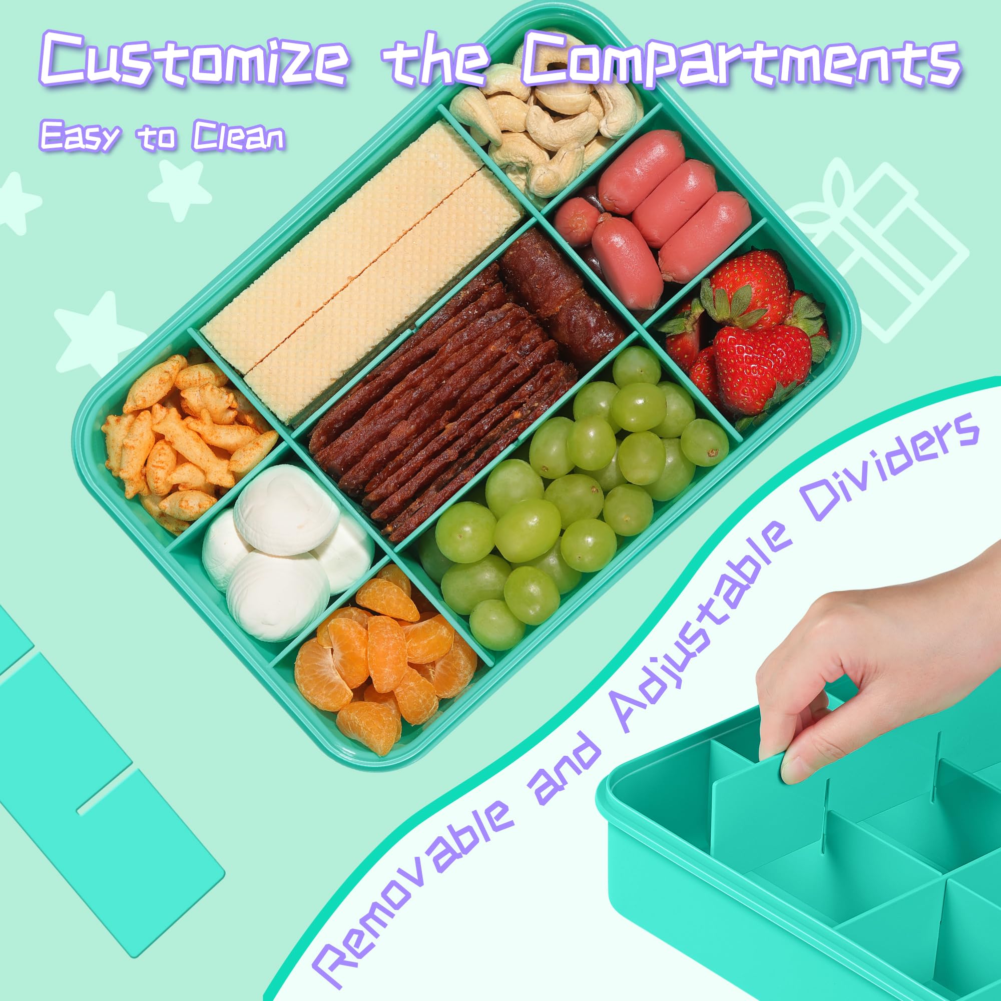 Xyptorix Snack Box Container for Kids - Adjustable 12-Compartment Snack Containers, Reusable Bento Box, Dishwasher Safe, BPA-Free, Perfect for School, Travel, Camping & Picnic, Green