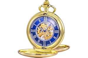 TREEWETO Pocket Watch - Smooth Double Case Series Skeleton Dial Delicate Mechanical Movement with Chain, Golden