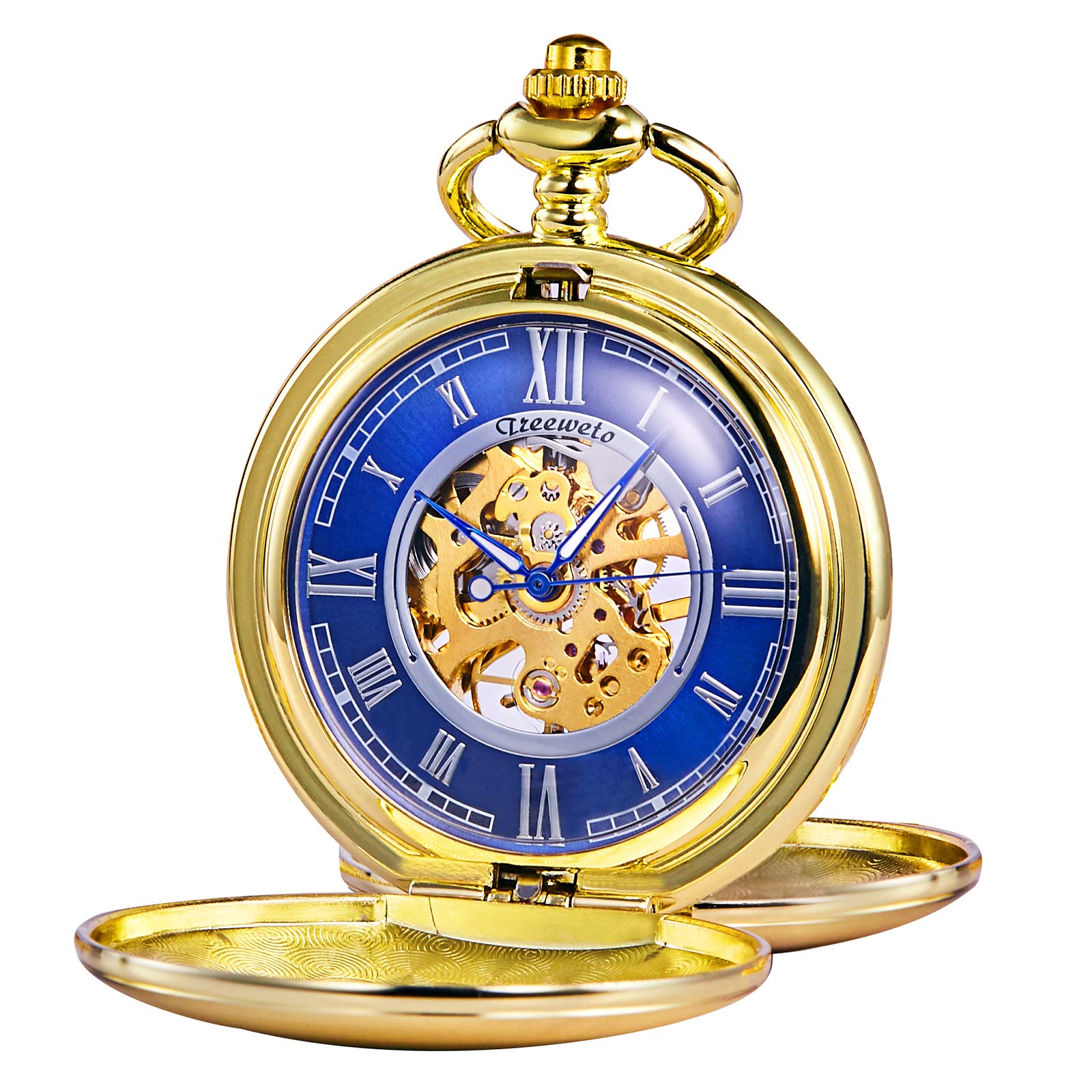 TREEWETO Pocket Watch - Smooth Double Case Series Skeleton Dial Delicate Mechanical Movement with Chain, Golden