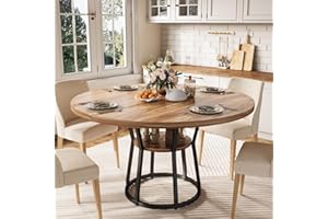 Garvee 47.2'' Round Dining Table for 4, Farmhouse Kitchen Table with Storage Shelf & Cross Base, Small Space-Saving Table for